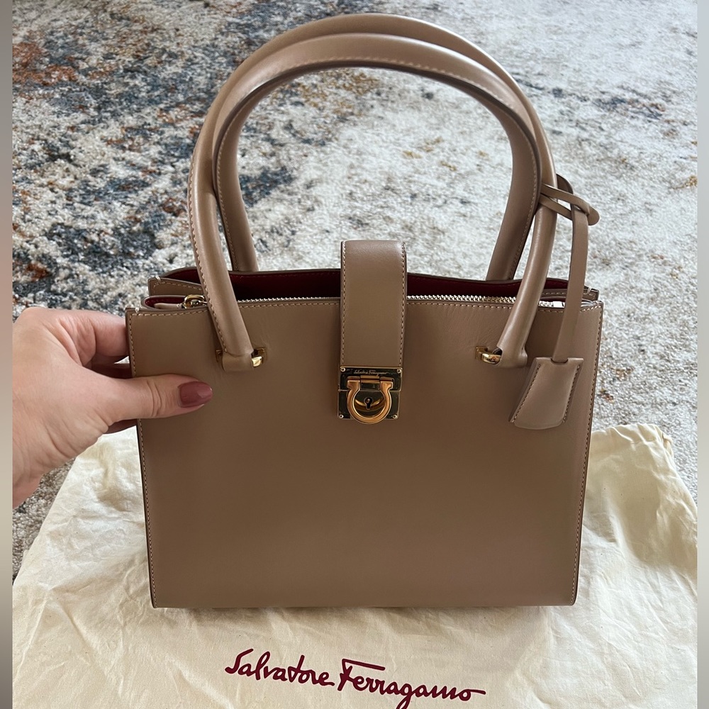 Ferragamo Juliette Gancio lock leather tote in nude/beige
